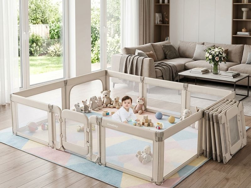 Kitchen-to-living-room sightline through Doradotey mesh wall, baby visible playing inside
