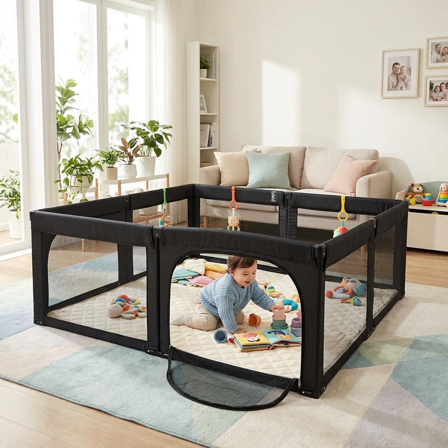 Living room with Doradotey 8-panel playpen set up