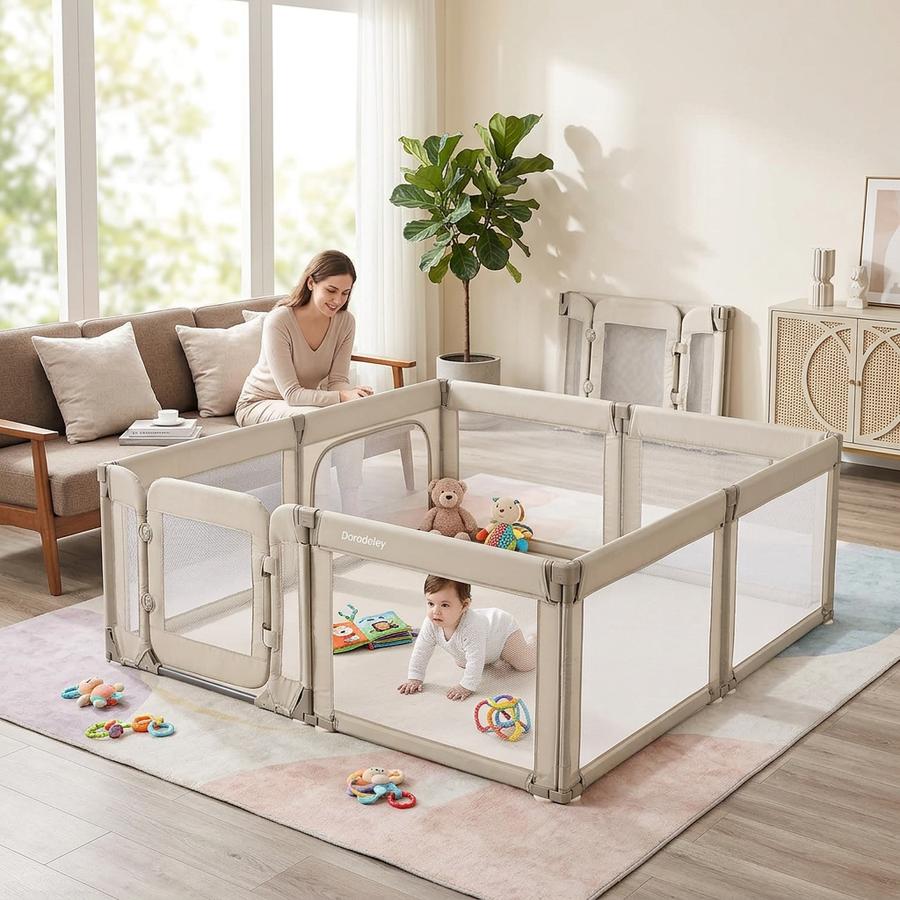Khaki playpen in a kitchen-adjacent living space