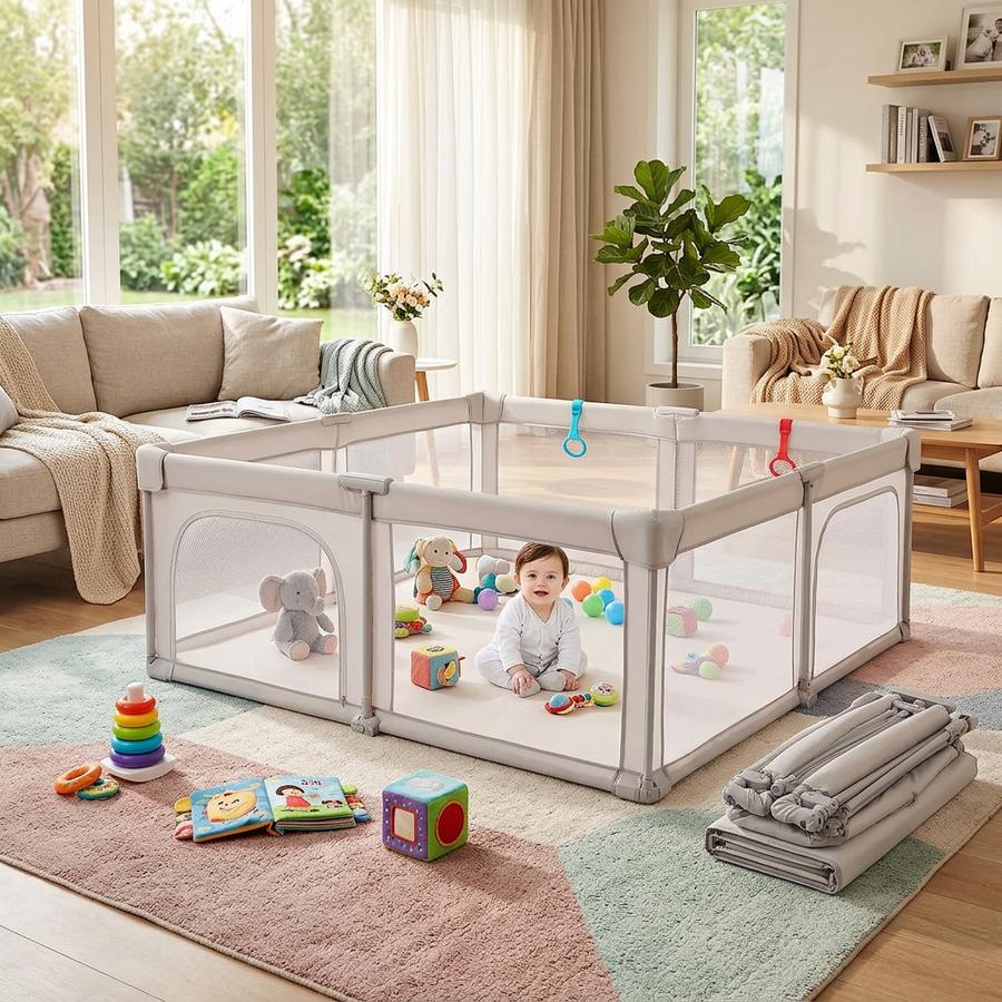 Grey portable playpen at grandparents' house