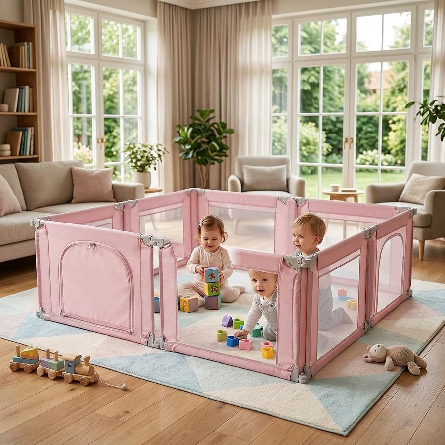 Pink pre-assembled playpen for baby shower setup